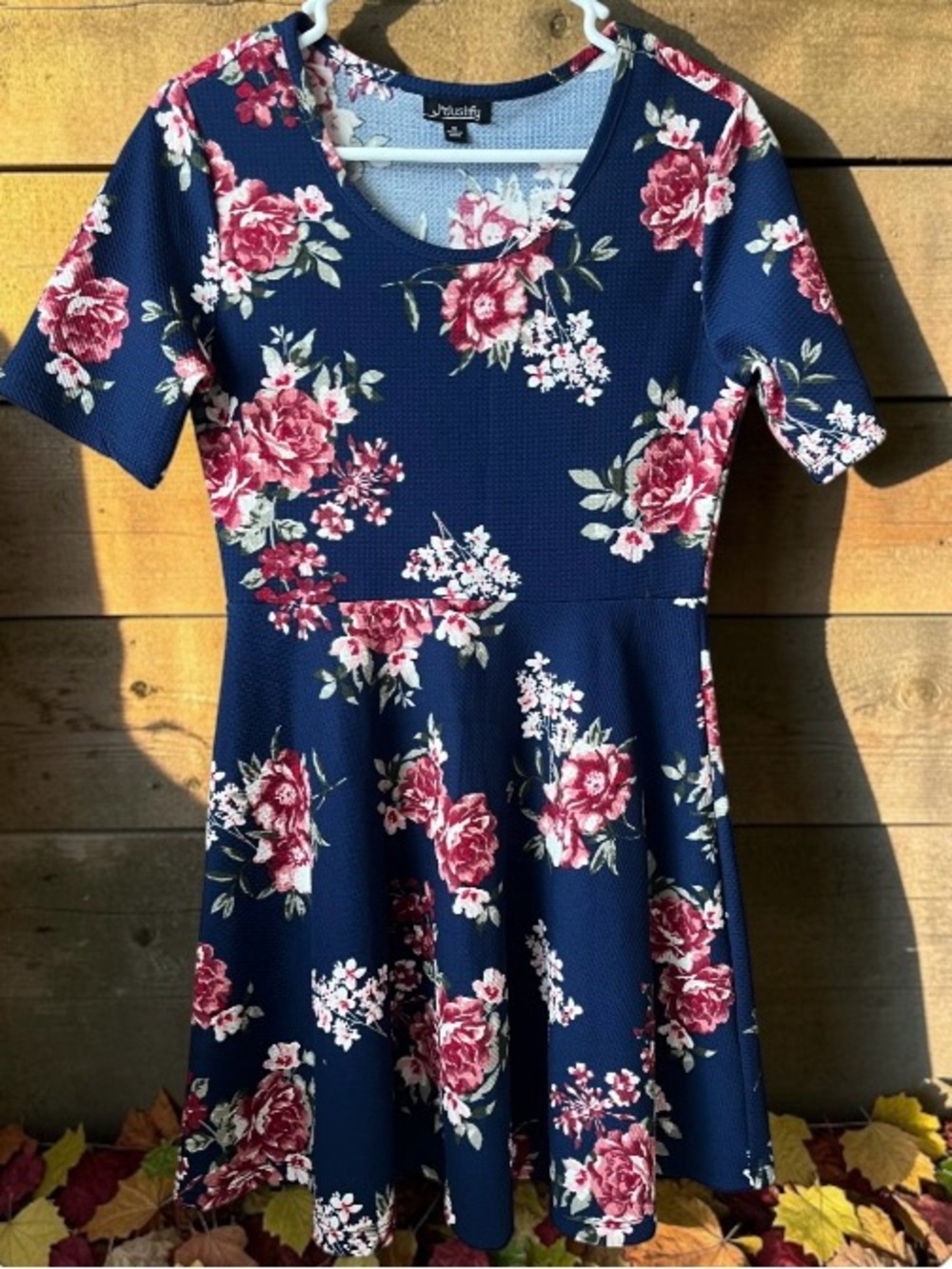 Navy Floral Fit & Flare Dress with Pink Roses by J for Justify - Picture 4 of 9